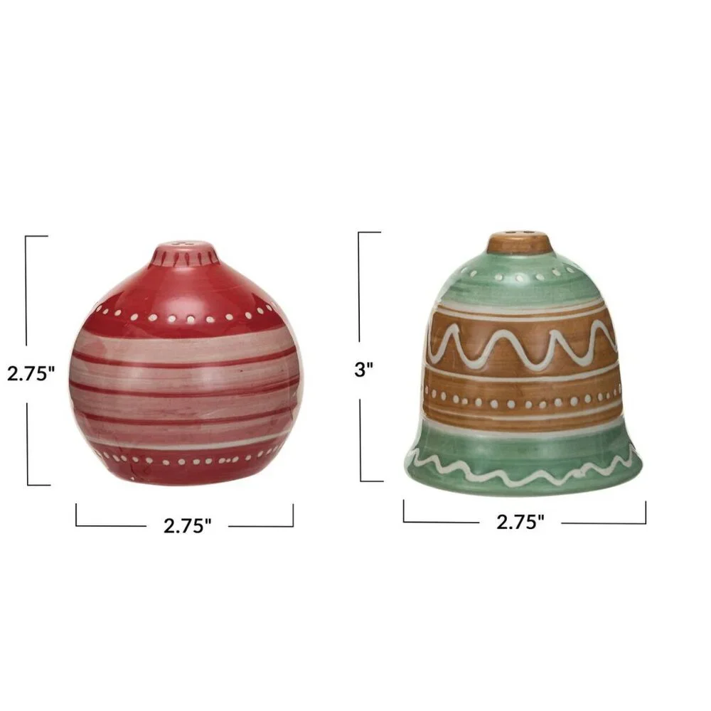 Hand-Painted Ornament & Bell Stoneware Salt & Pepper Shaker/NWT